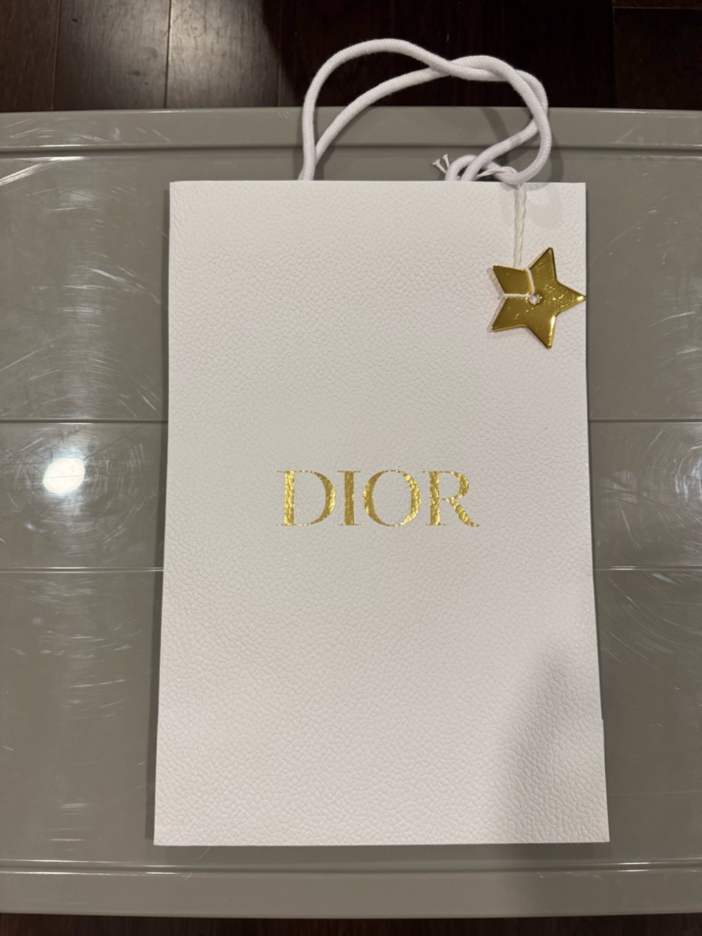 Dior Medium White Shopping Bag with Gold Logo and Star Accent